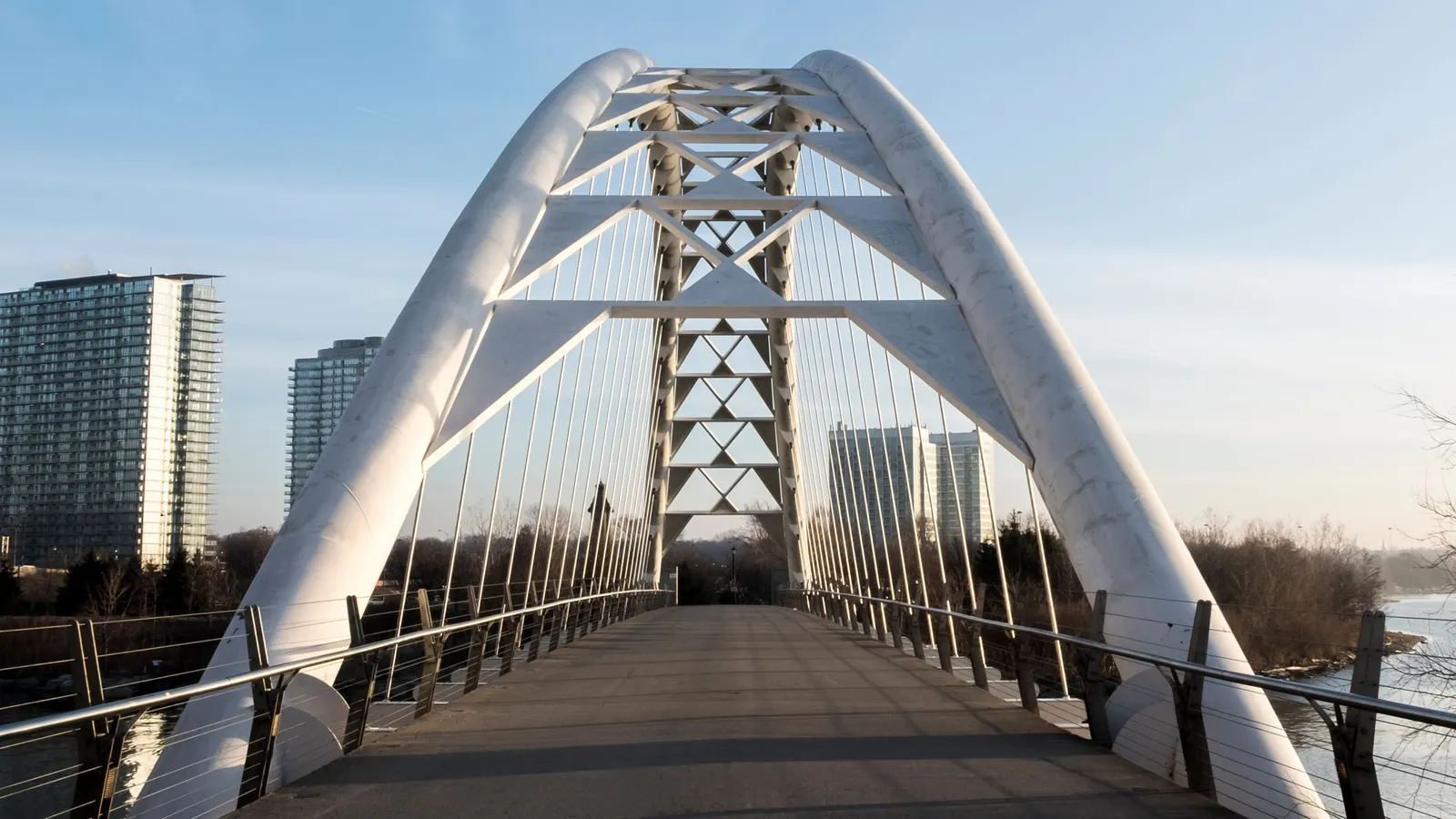 The Humber Bay Arch Bridge and the Humber Bay Shores towers in Etobicoke, Toronto
