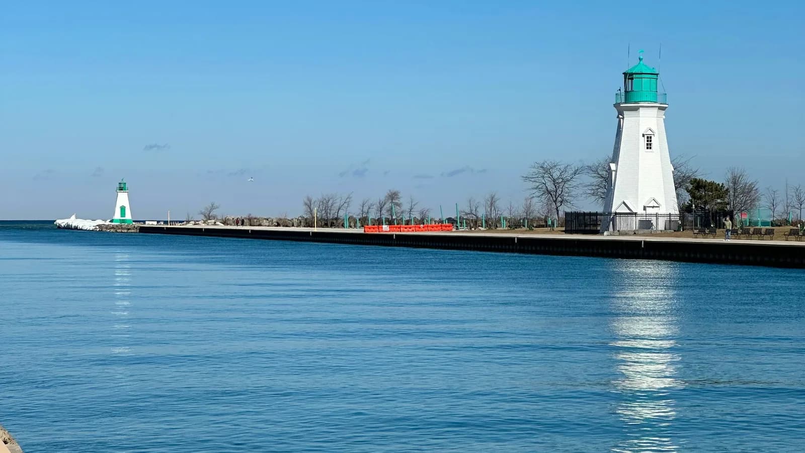 The Port Dalhousie pier and its two range lighthouses on Lake Ontario in St. Catharines, Ontario