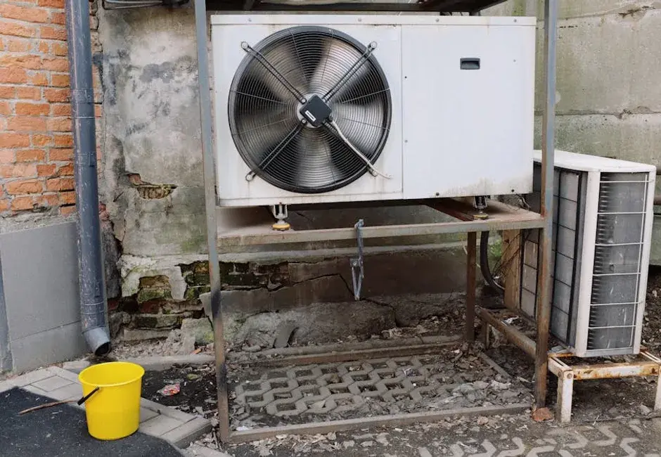 Certified technician performing an AC tune-up on an outdoor air conditioner unit in Mississauga