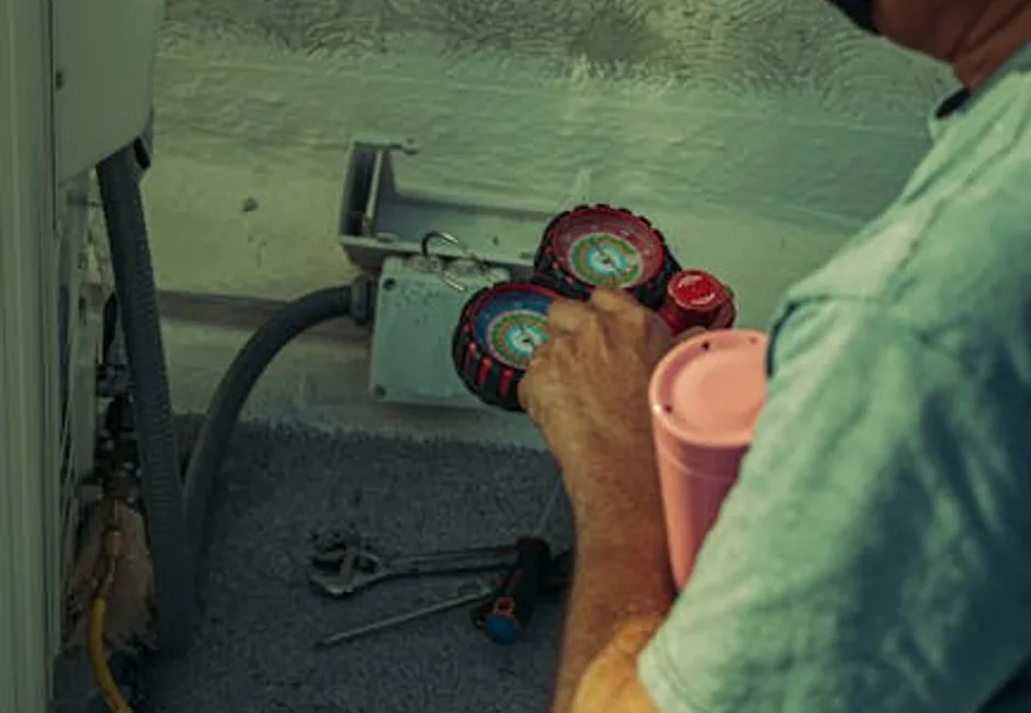 HVAC technician inspecting an aging furnace showing replacement signs