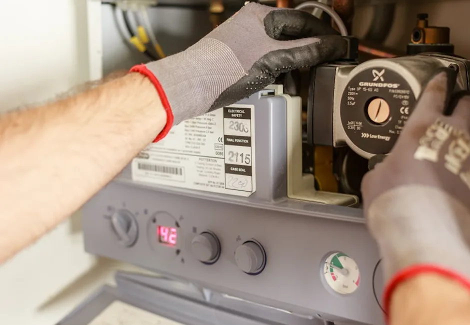 Technician inspecting a boiler and heating system control panel to diagnose error codes